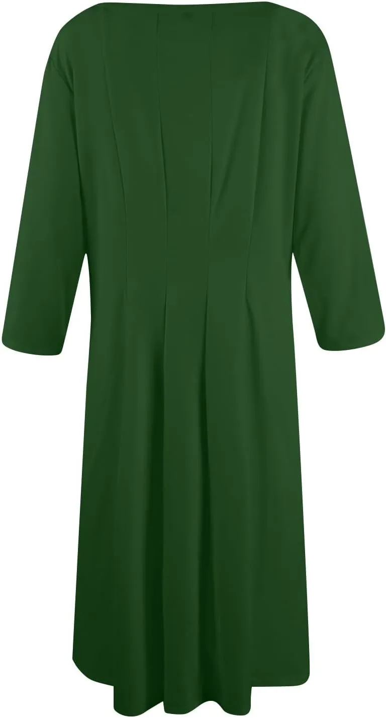 Women's Casual Midi Solid Color Dress A Line 3/4 Sleeve Tunic Dresses Pleated Crew Neck Fashion Loose Fit Wrap Dress