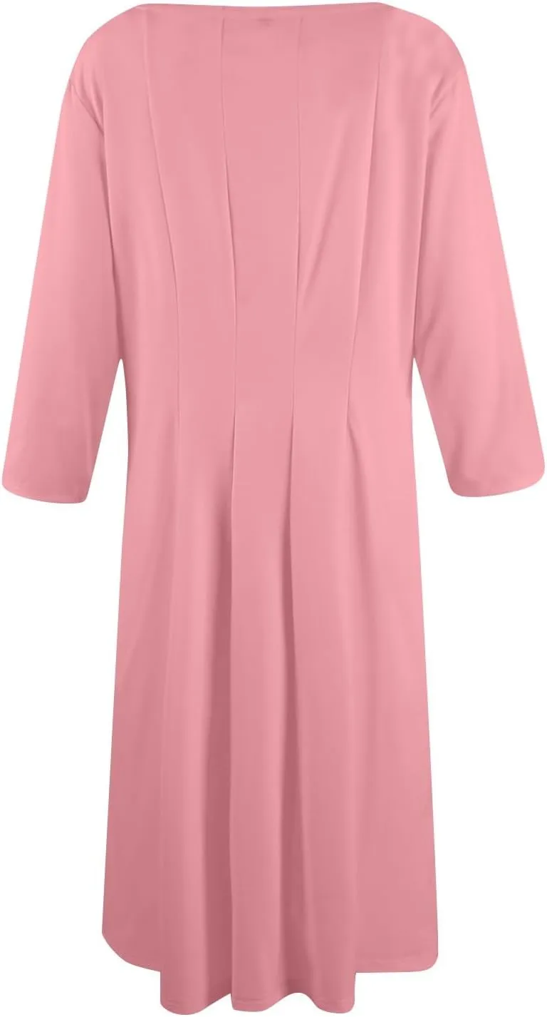 Women's Casual Midi Solid Color Dress A Line 3/4 Sleeve Tunic Dresses Pleated Crew Neck Fashion Loose Fit Wrap Dress