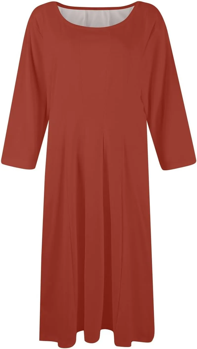 Women's Casual Midi Solid Color Dress A Line 3/4 Sleeve Tunic Dresses Pleated Crew Neck Fashion Loose Fit Wrap Dress