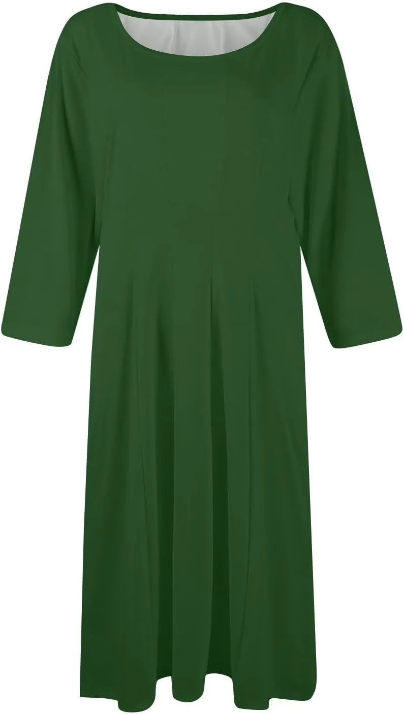 Women's Casual Midi Solid Color Dress A Line 3/4 Sleeve Tunic Dresses Pleated Crew Neck Fashion Loose Fit Wrap Dress