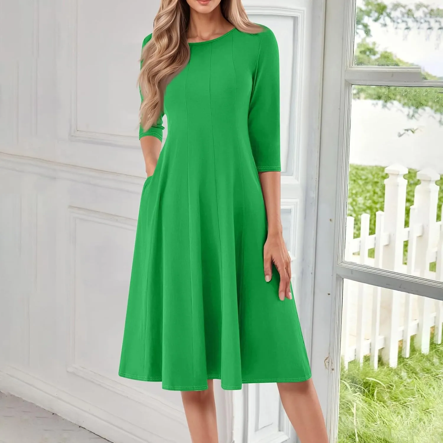 Women's Casual Midi Solid Color Dress A Line 3/4 Sleeve Tunic Dresses Pleated Crew Neck Fashion Loose Fit Wrap Dress