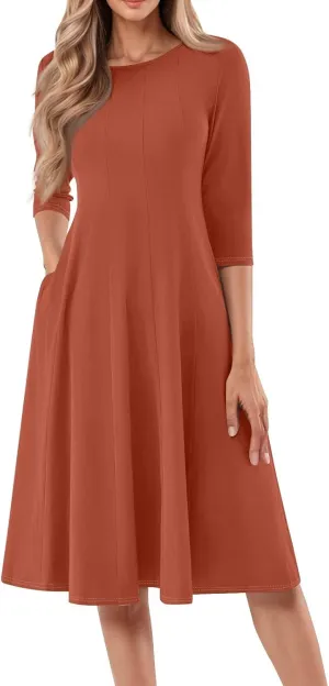 Women's Casual Midi Solid Color Dress A Line 3/4 Sleeve Tunic Dresses Pleated Crew Neck Fashion Loose Fit Wrap Dress