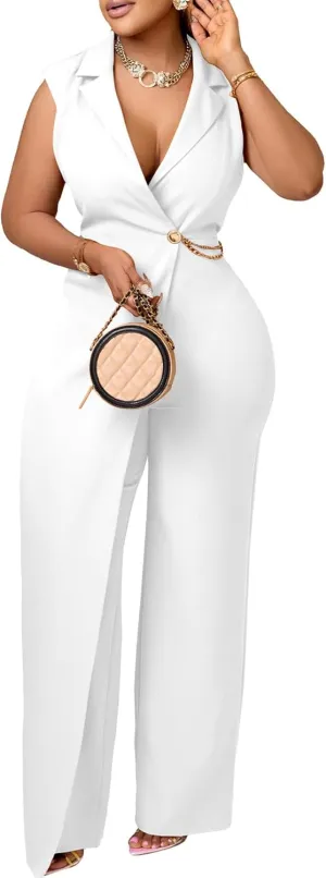 Women's Casual V Neck Sleeveless Jumpsuit Metal Chains Decor Casual Wide Leg Long Pants Rompers