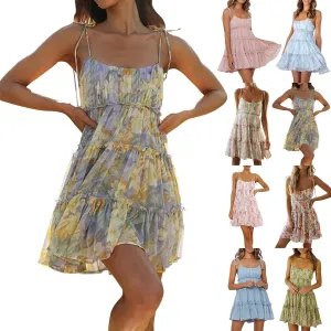 Womens Corset Cottagecore Floral Mini Dress Cute Summer Spaghetti Strap Tiered Dress Flowy Swing Beach Sun Dresses