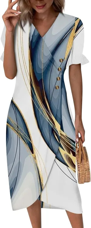 Womens Dresses Midi Dresses for Women Puff Sleeve Summer Dresses Women Casual Boho Fitted