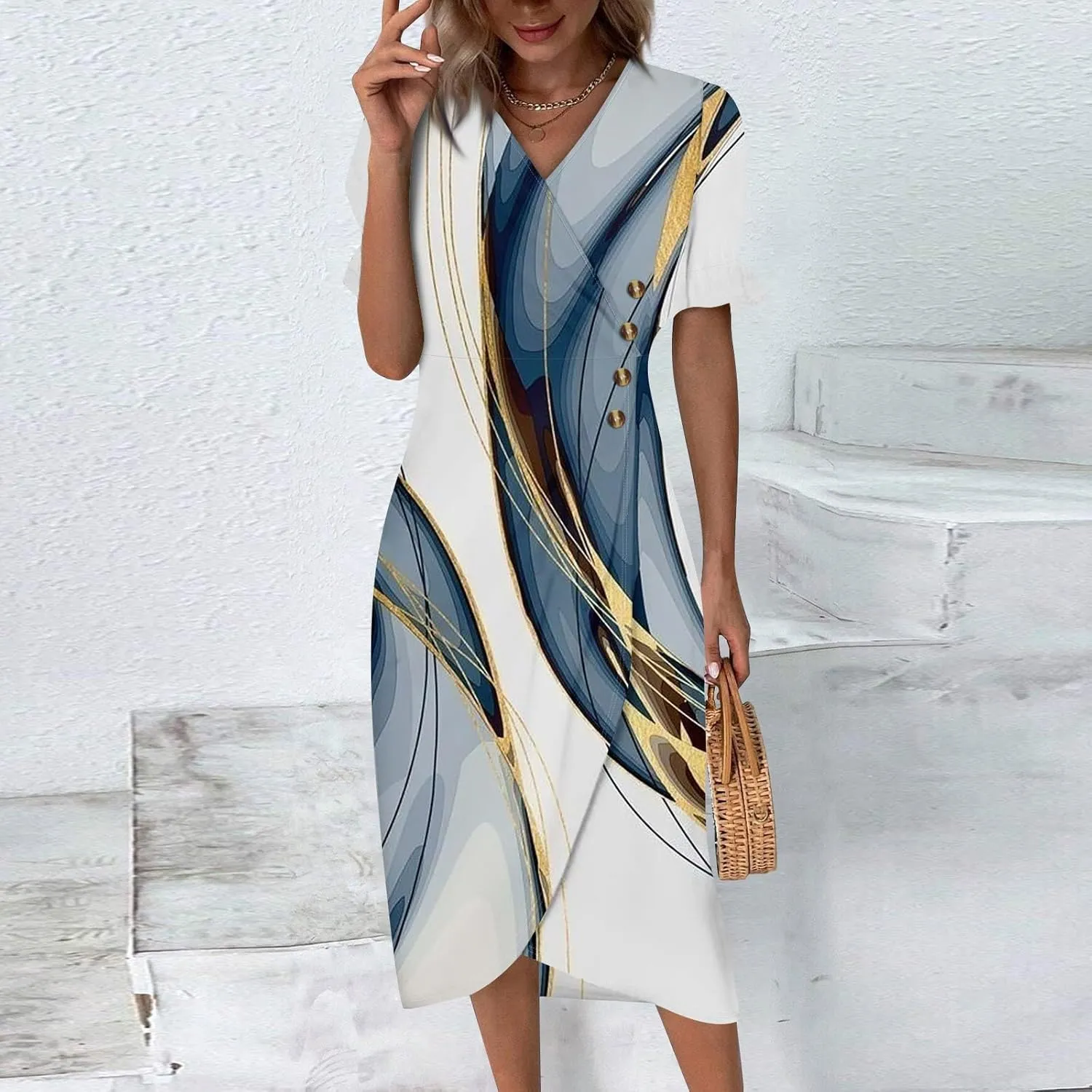 Womens Dresses Midi Dresses for Women Puff Sleeve Summer Dresses Women Casual Boho Fitted