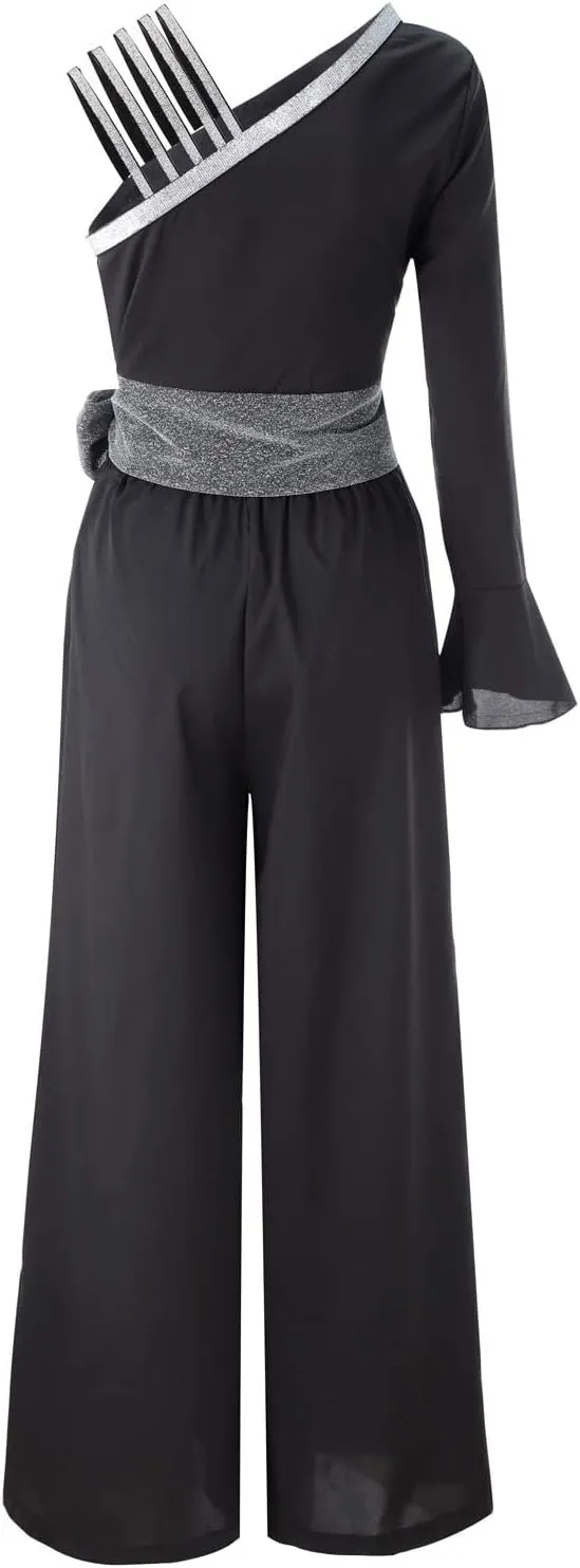 Womens Dressy Jumpsuits for Wedding Guest Sparkly High Waist Wide Leg Pants Gradient Color Belted Rompers