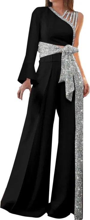 Womens Dressy Jumpsuits for Wedding Guest Sparkly High Waist Wide Leg Pants Gradient Color Belted Rompers