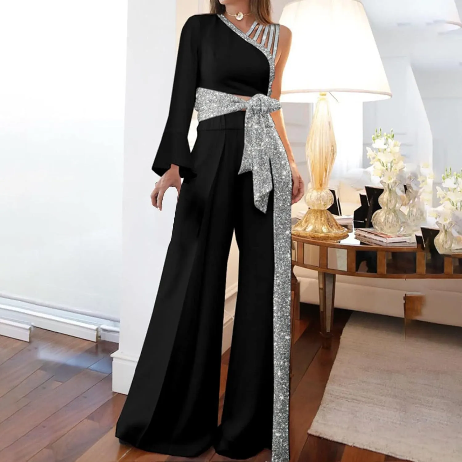 Womens Dressy Jumpsuits for Wedding Guest Sparkly High Waist Wide Leg Pants Gradient Color Belted Rompers