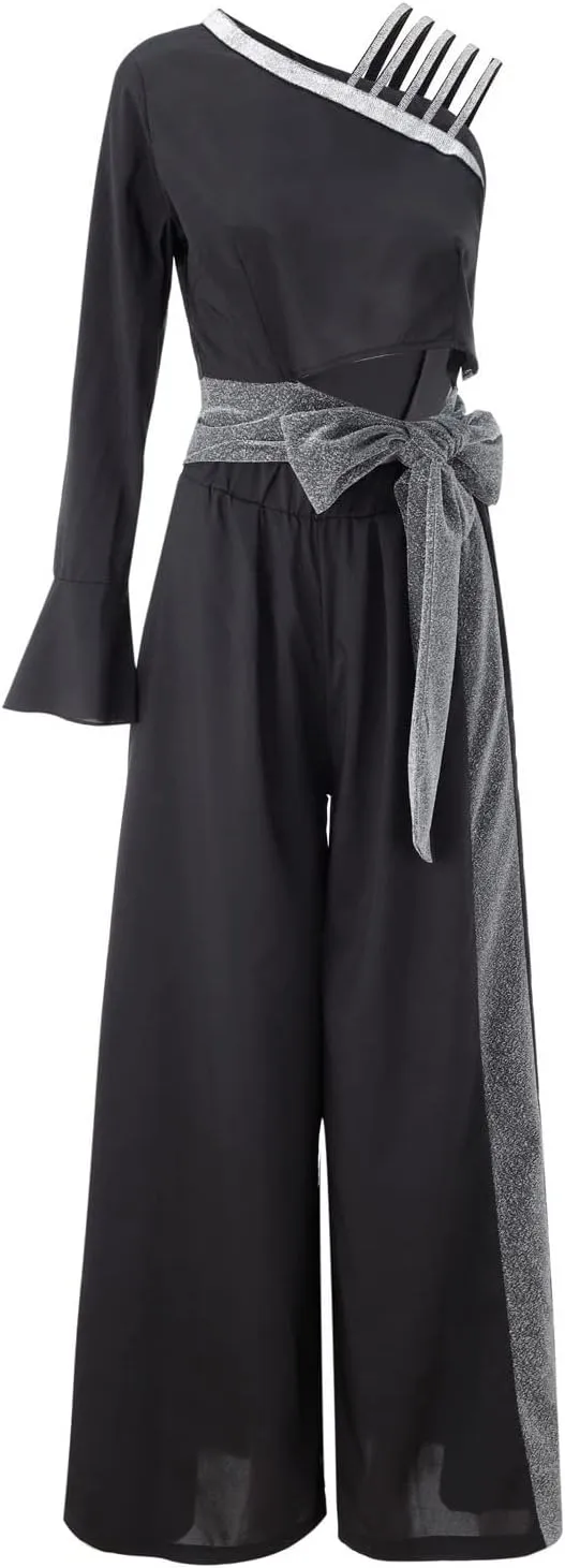 Womens Dressy Jumpsuits for Wedding Guest Sparkly High Waist Wide Leg Pants Gradient Color Belted Rompers