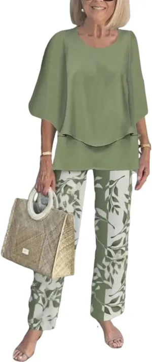 Womens Elegant 2025 Layered Top and Floral Print Pants Set for Spring Summer Travel Outfits