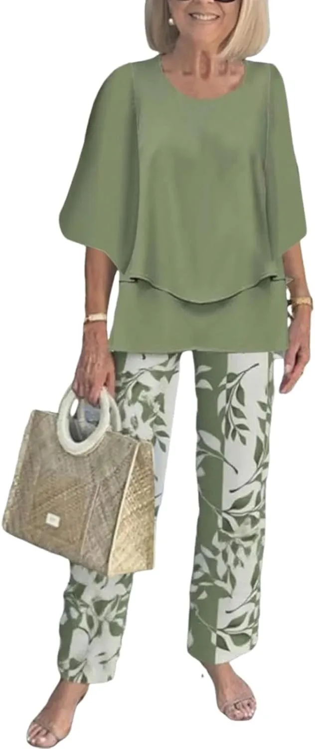 Womens Elegant 2025 Layered Top and Floral Print Pants Set for Spring Summer Travel Outfits