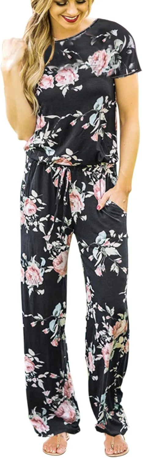 Women's Floral Printed Jumpsuit Casual O Neck Loose Long Wide Legs Pants Jumpsuit Rompers with Pockets