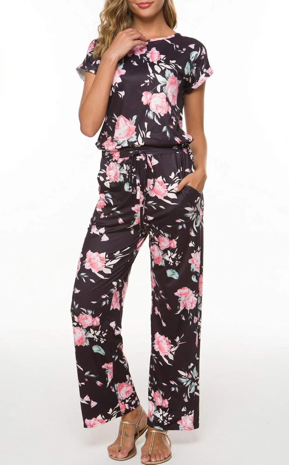 Women's Floral Printed Jumpsuit Casual O Neck Loose Long Wide Legs Pants Jumpsuit Rompers with Pockets