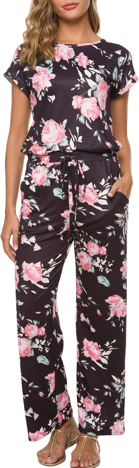Women's Floral Printed Jumpsuit Casual O Neck Loose Long Wide Legs Pants Jumpsuit Rompers with Pockets