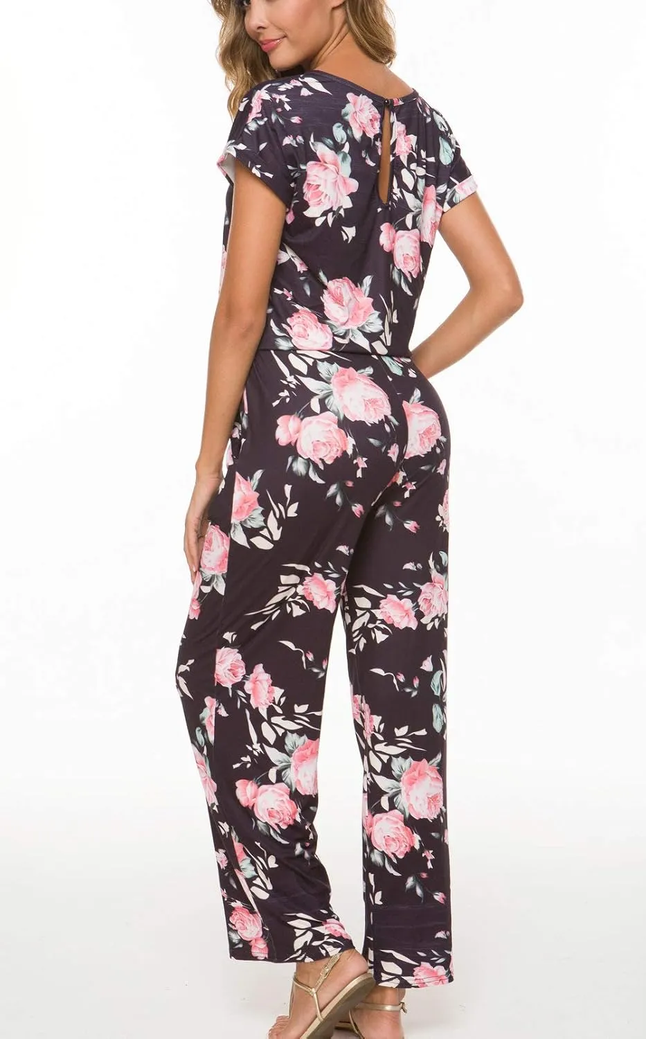 Women's Floral Printed Jumpsuit Casual O Neck Loose Long Wide Legs Pants Jumpsuit Rompers with Pockets