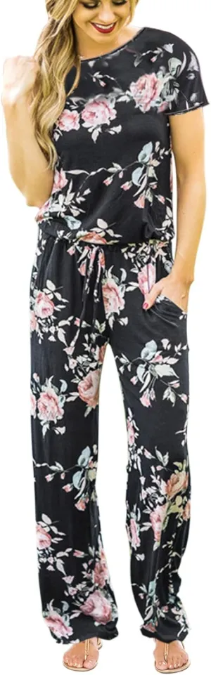 Women's Floral Printed Jumpsuit Casual O Neck Loose Long Wide Legs Pants Jumpsuit Rompers with Pockets