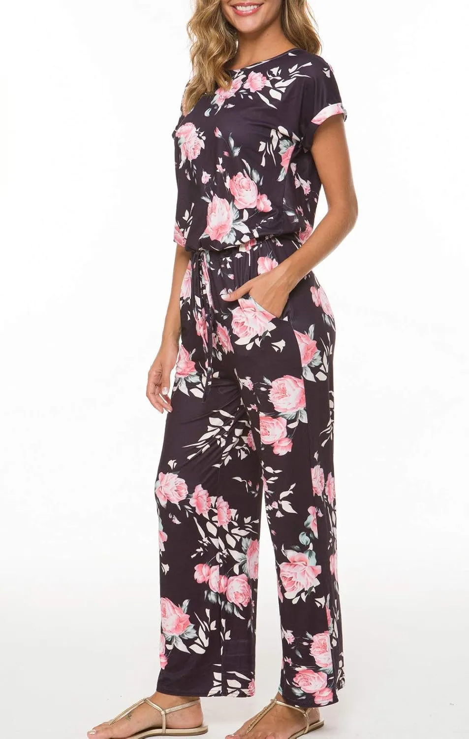Women's Floral Printed Jumpsuit Casual O Neck Loose Long Wide Legs Pants Jumpsuit Rompers with Pockets
