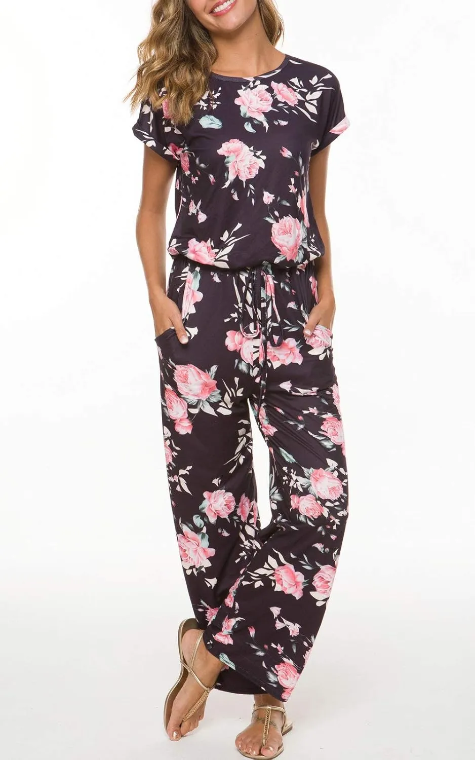 Women's Floral Printed Jumpsuit Casual O Neck Loose Long Wide Legs Pants Jumpsuit Rompers with Pockets
