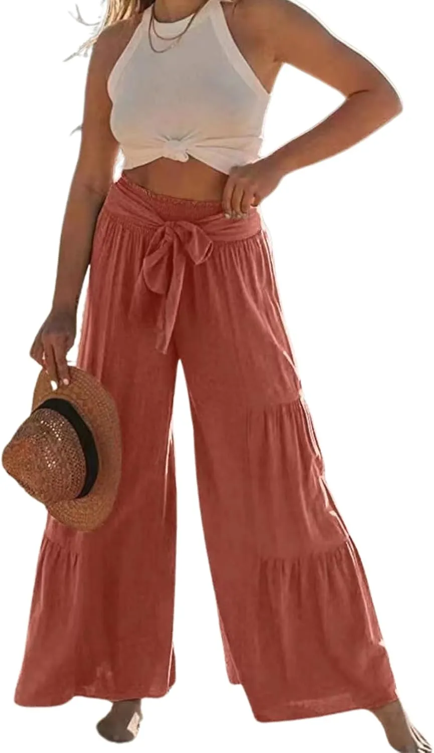Womens High Waisted Tiered Pleated Pant Summer Casual Tie Front Wide Leg Trousers Ruffle Hem Beach Lounge Pants