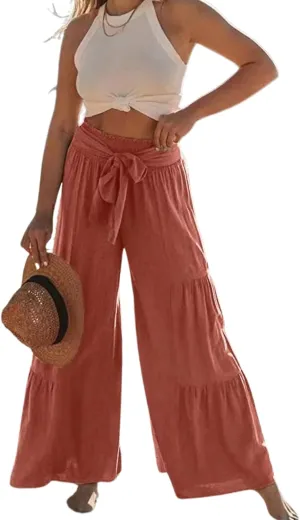 Womens High Waisted Tiered Pleated Pant Summer Casual Tie Front Wide Leg Trousers Ruffle Hem Beach Lounge Pants