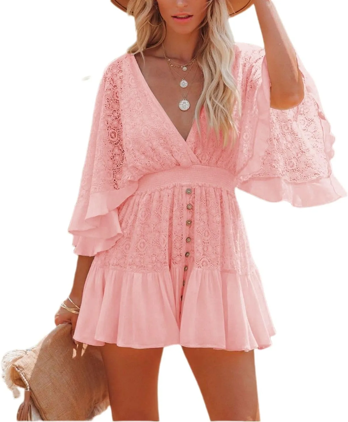 Women's Lace Crochet Mini Dress Sexy V Neck Ruffle Sleeve Flowy Dresses Floral Textured Tiered Cute Sundress