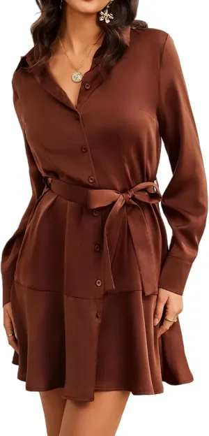 Women's Long Sleeve Button Down Shirt Dress Casual Tie Waist Midi Dresses