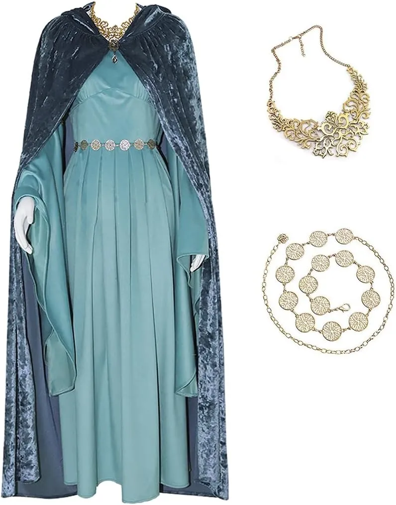 Womens Medieval Costume Elf Princess Dress with Hooded Cloak Velvet Cape Lord Ring of Power Cosplay Outfits