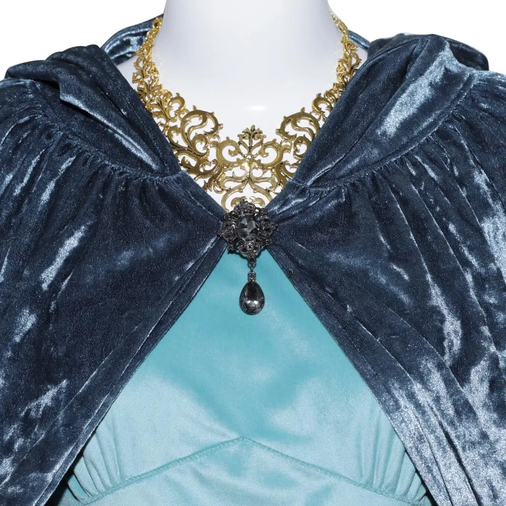 Womens Medieval Costume Elf Princess Dress with Hooded Cloak Velvet Cape Lord Ring of Power Cosplay Outfits