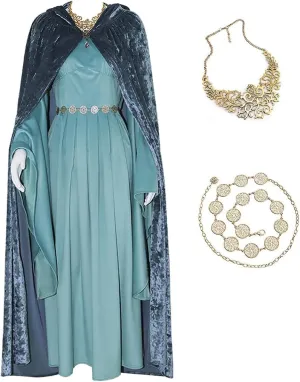Womens Medieval Costume Elf Princess Dress with Hooded Cloak Velvet Cape Lord Ring of Power Cosplay Outfits