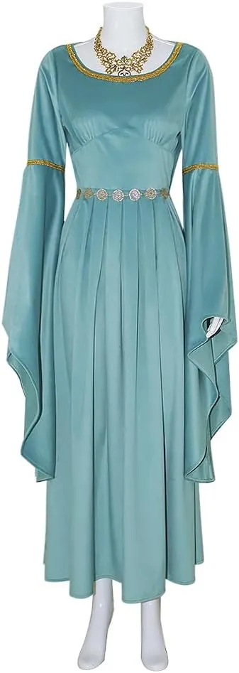 Womens Medieval Costume Elf Princess Dress with Hooded Cloak Velvet Cape Lord Ring of Power Cosplay Outfits