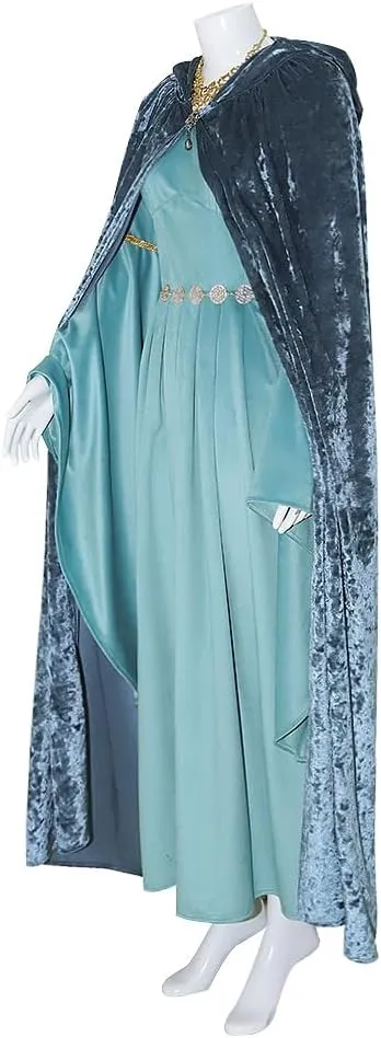 Womens Medieval Costume Elf Princess Dress with Hooded Cloak Velvet Cape Lord Ring of Power Cosplay Outfits