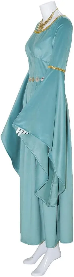 Womens Medieval Costume Elf Princess Dress with Hooded Cloak Velvet Cape Lord Ring of Power Cosplay Outfits