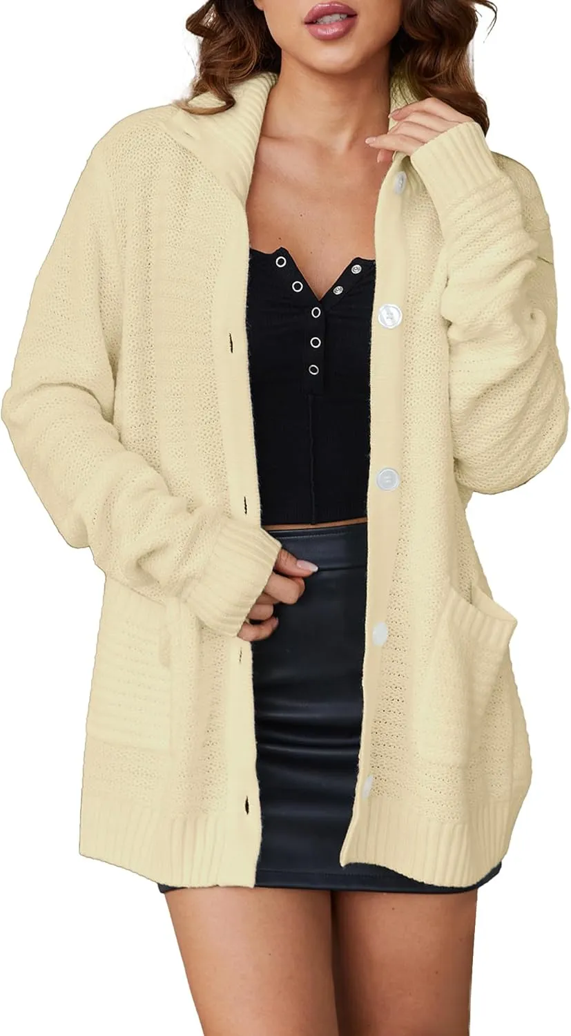 Womens Open Front Cardigan Hollow Out Crochet Long Sleeve Knit High Collar Sweater Coat with Pockets