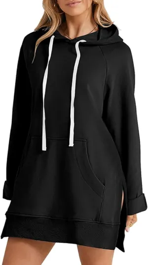 Women's Oversized Hooded Sweatshirt Casual Pullover Long Sleeve Split Hem Drawstring Hoodies Dress with Pocket