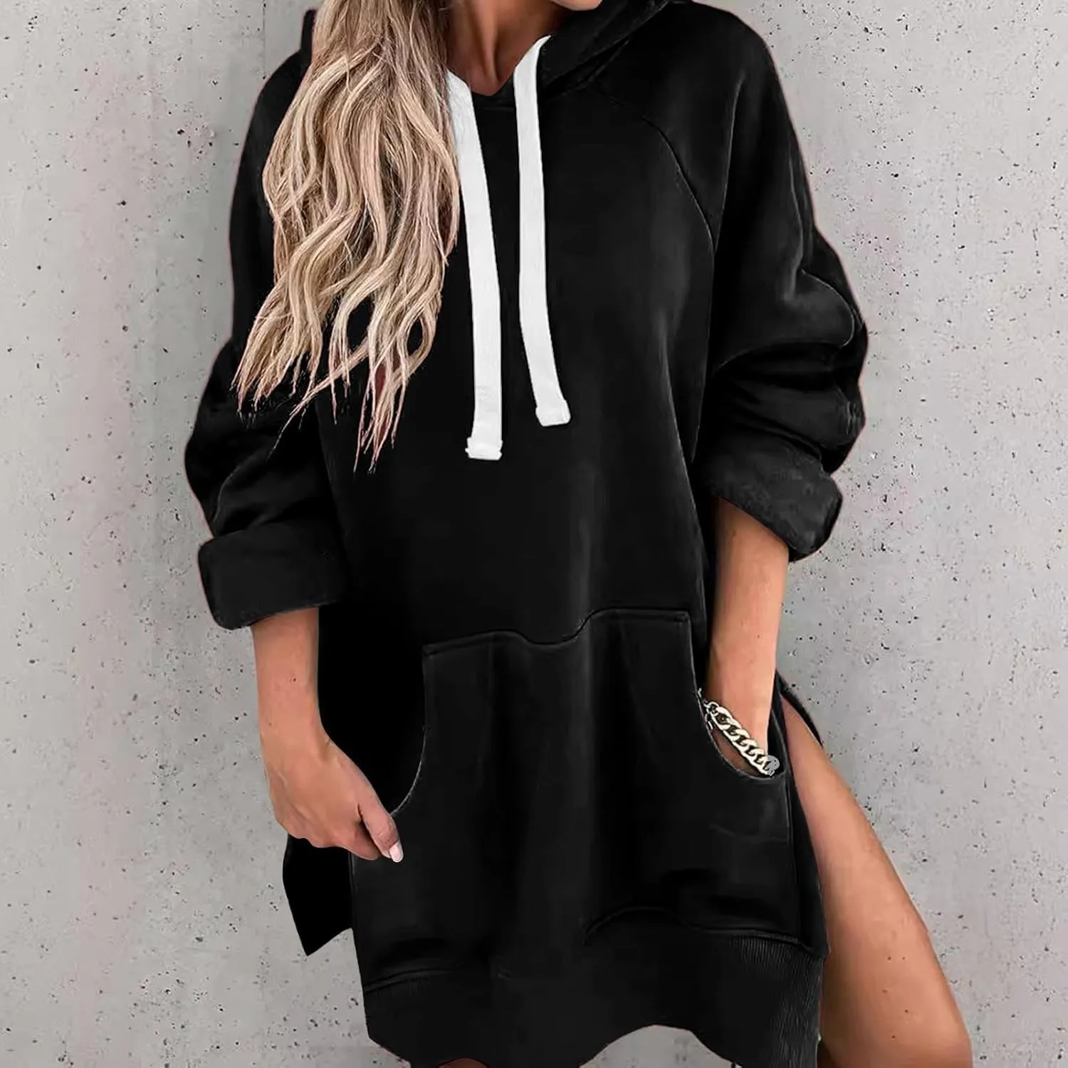 Women's Oversized Hooded Sweatshirt Casual Pullover Long Sleeve Split Hem Drawstring Hoodies Dress with Pocket