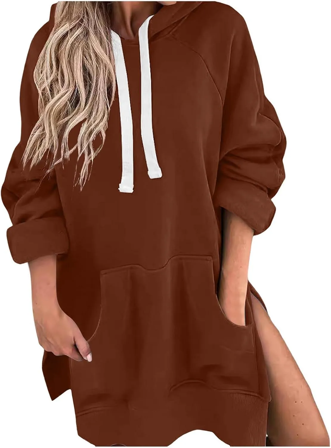 Women's Oversized Hooded Sweatshirt Casual Pullover Long Sleeve Split Hem Drawstring Hoodies Dress with Pocket