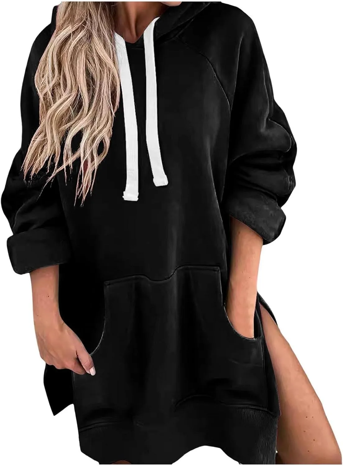 Women's Oversized Hooded Sweatshirt Casual Pullover Long Sleeve Split Hem Drawstring Hoodies Dress with Pocket