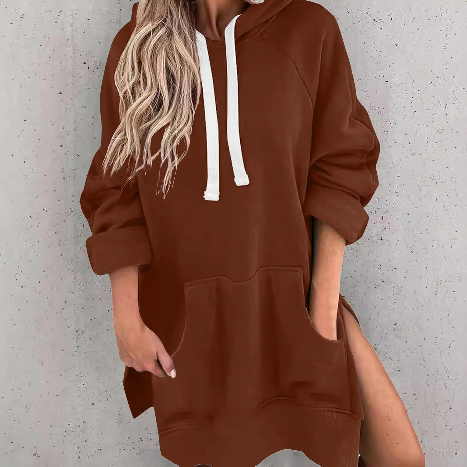 Women's Oversized Hooded Sweatshirt Casual Pullover Long Sleeve Split Hem Drawstring Hoodies Dress with Pocket