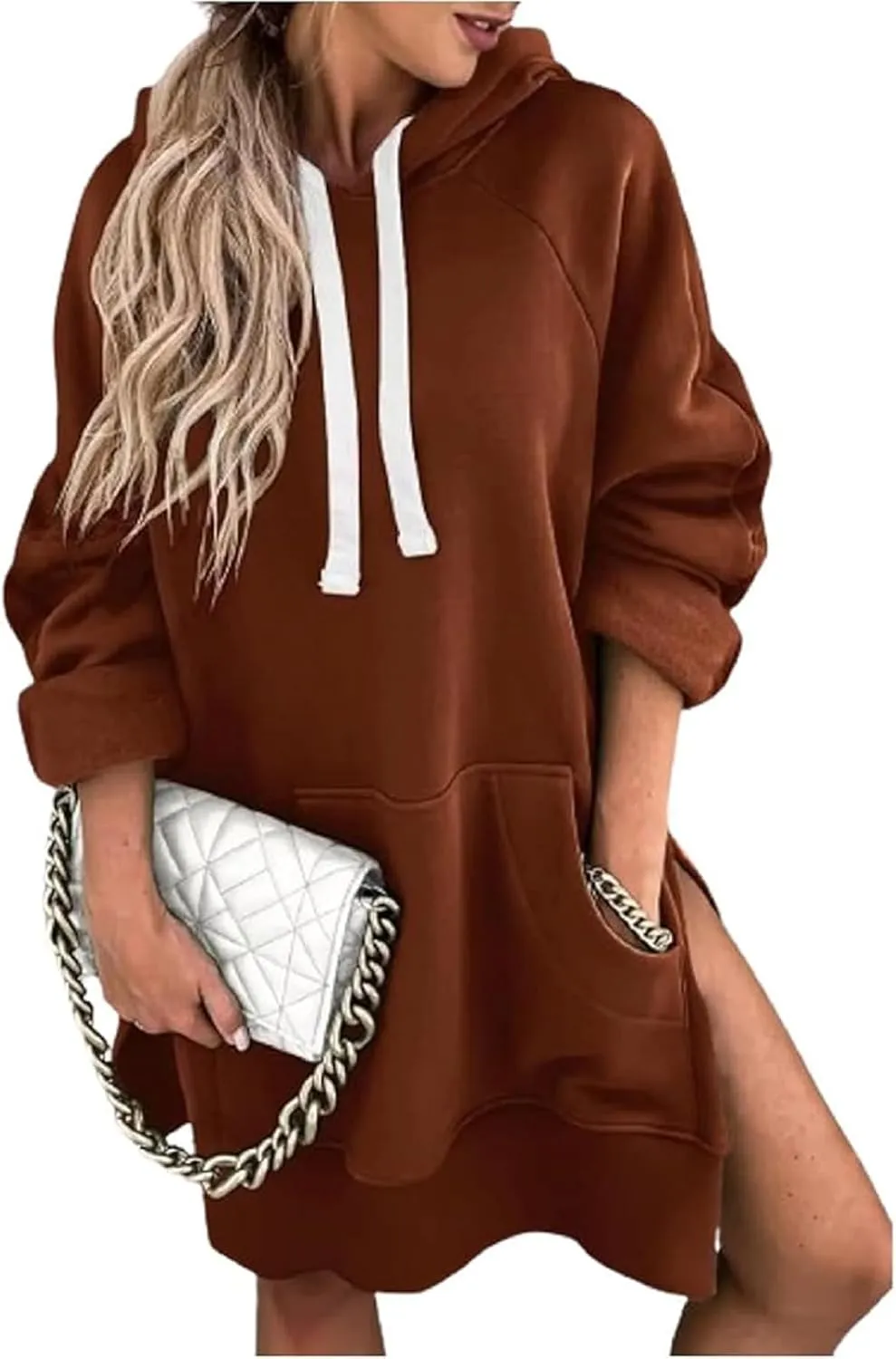 Women's Oversized Hooded Sweatshirt Casual Pullover Long Sleeve Split Hem Drawstring Hoodies Dress with Pocket