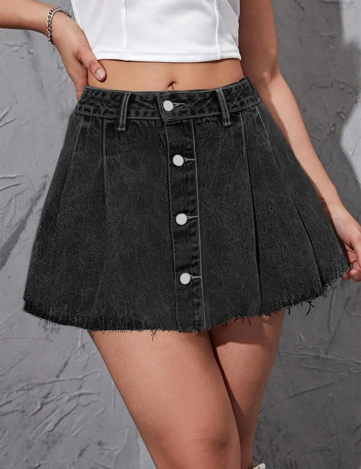 Womens Pleated Denim Skirts High Waisted A Line Mini Denim Jean Skirt