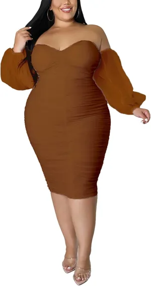 Women's Plus Size Off Shoulder Mesh Puff Long Sleeve Bodycon Ruched Midi Party Cocktail Dress