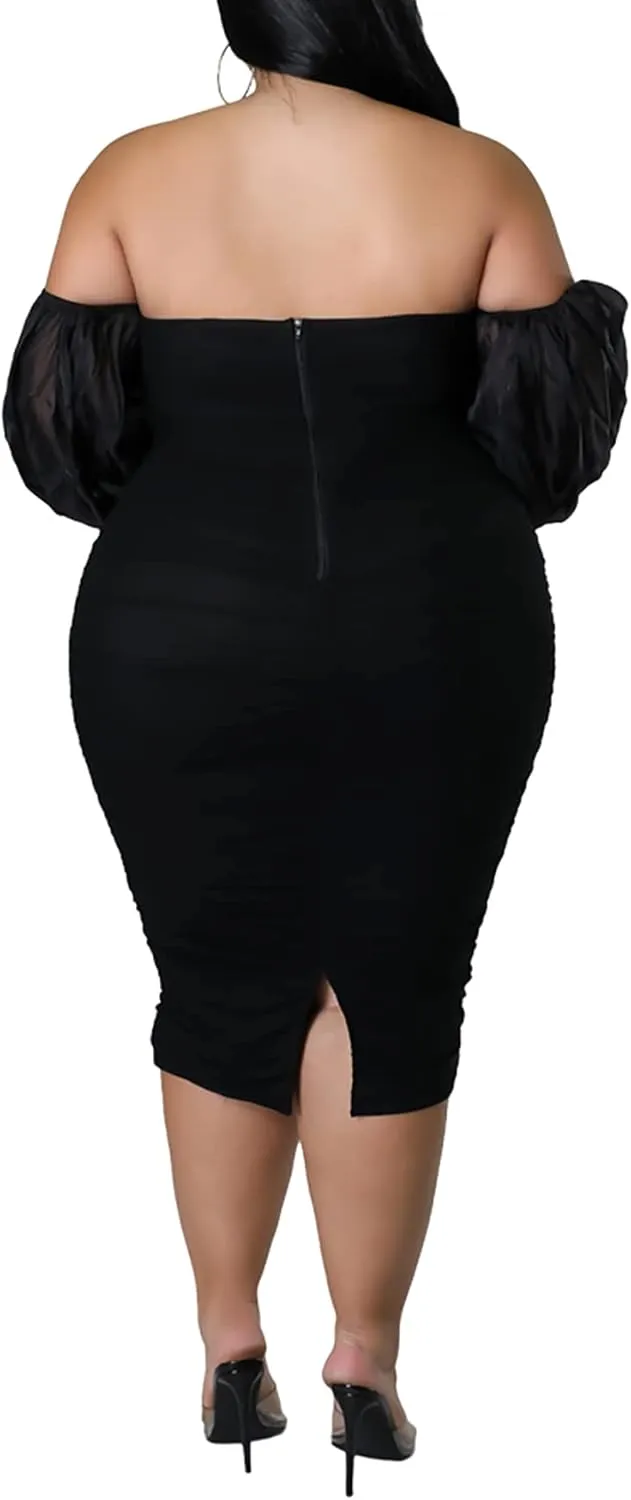 Women's Plus Size Off Shoulder Mesh Puff Long Sleeve Bodycon Ruched Midi Party Cocktail Dress