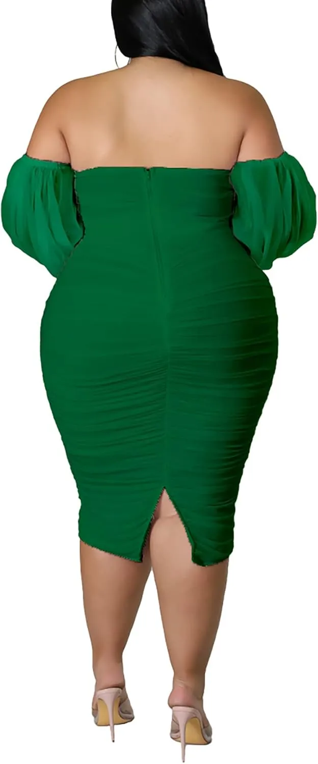 Women's Plus Size Off Shoulder Mesh Puff Long Sleeve Bodycon Ruched Midi Party Cocktail Dress