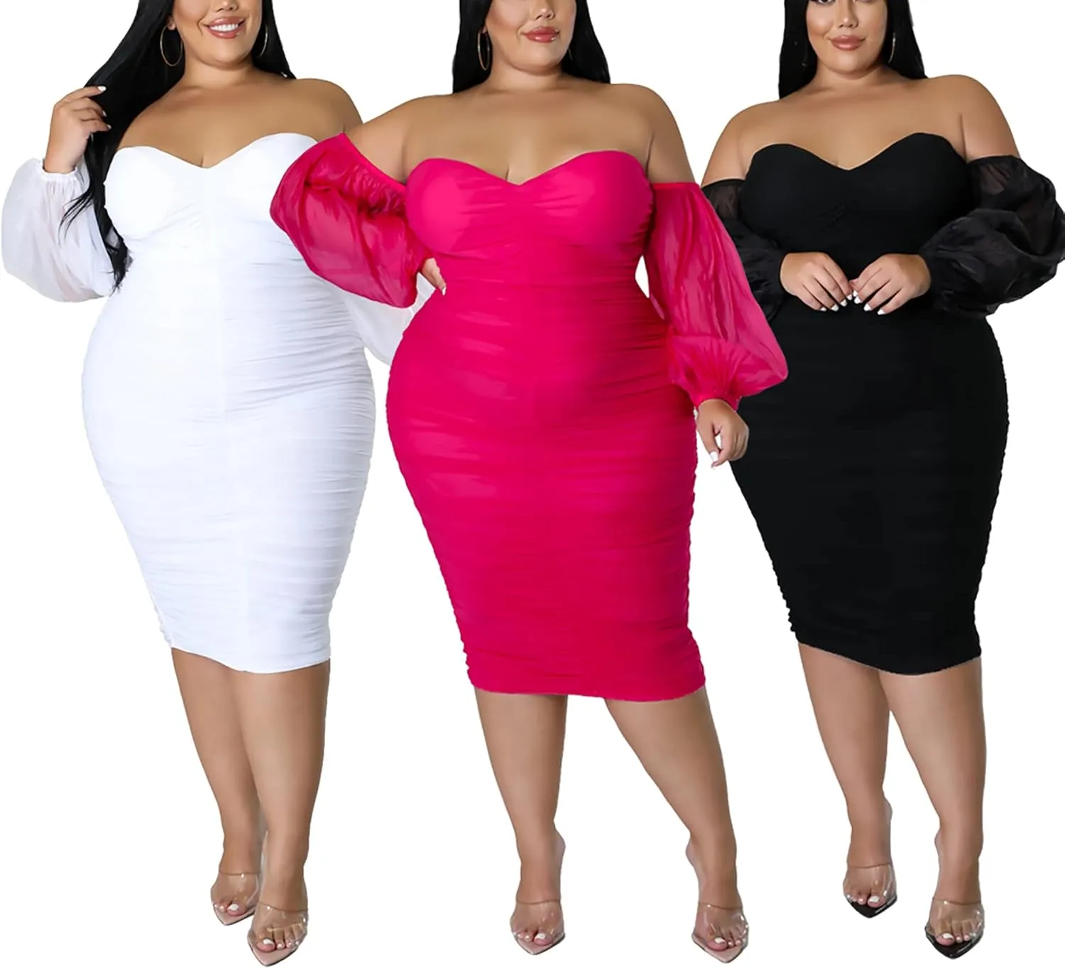 Women's Plus Size Off Shoulder Mesh Puff Long Sleeve Bodycon Ruched Midi Party Cocktail Dress