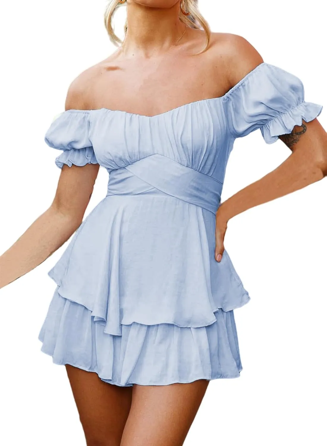Womens Ruffle Shorts Jumpsuits Off the Shoulder Short Sleeve Double Layer One Piece Rompers