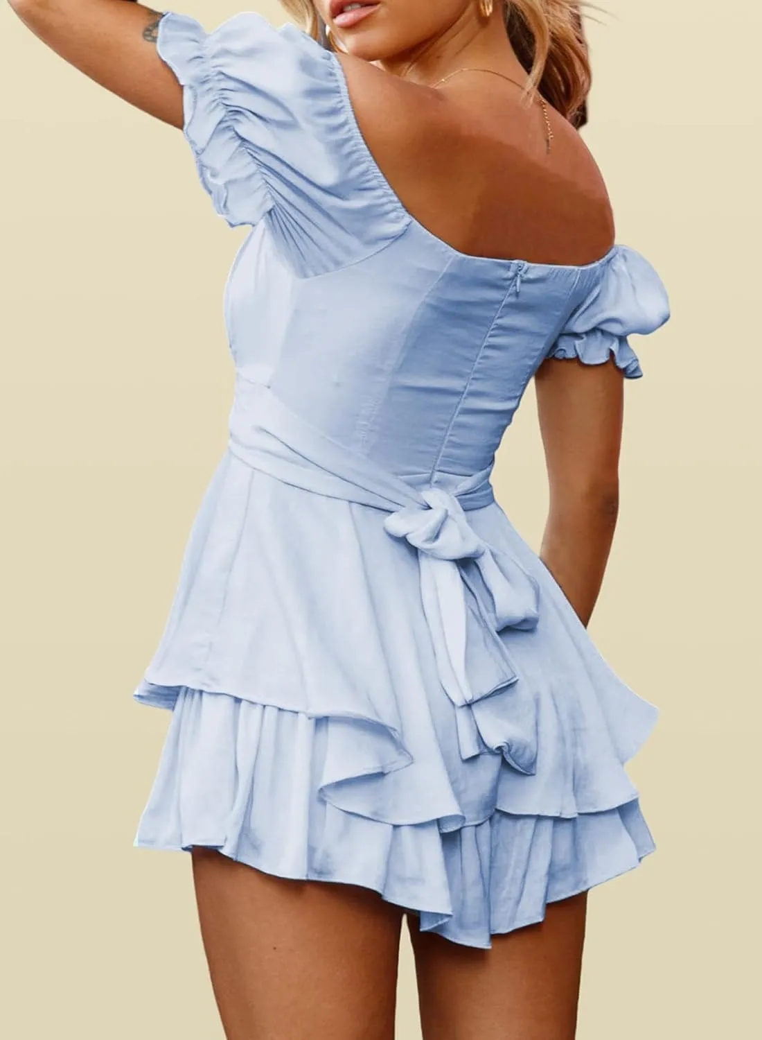 Womens Ruffle Shorts Jumpsuits Off the Shoulder Short Sleeve Double Layer One Piece Rompers