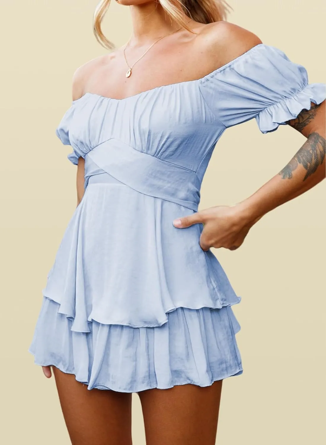 Womens Ruffle Shorts Jumpsuits Off the Shoulder Short Sleeve Double Layer One Piece Rompers