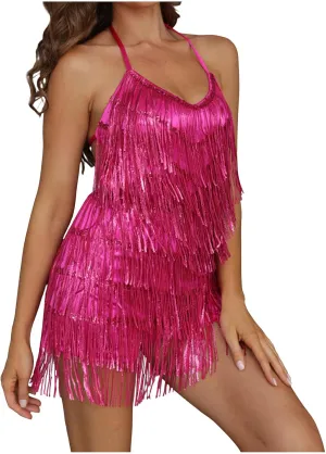 Women's Sequin Fringe Romper Sparkly Glitter Metallic Jumpsuits Backless Shorts Dress Disco Birthday Dance Outfit