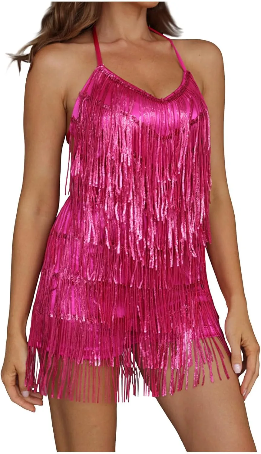 Women's Sequin Fringe Romper Sparkly Glitter Metallic Jumpsuits Backless Shorts Dress Disco Birthday Dance Outfit